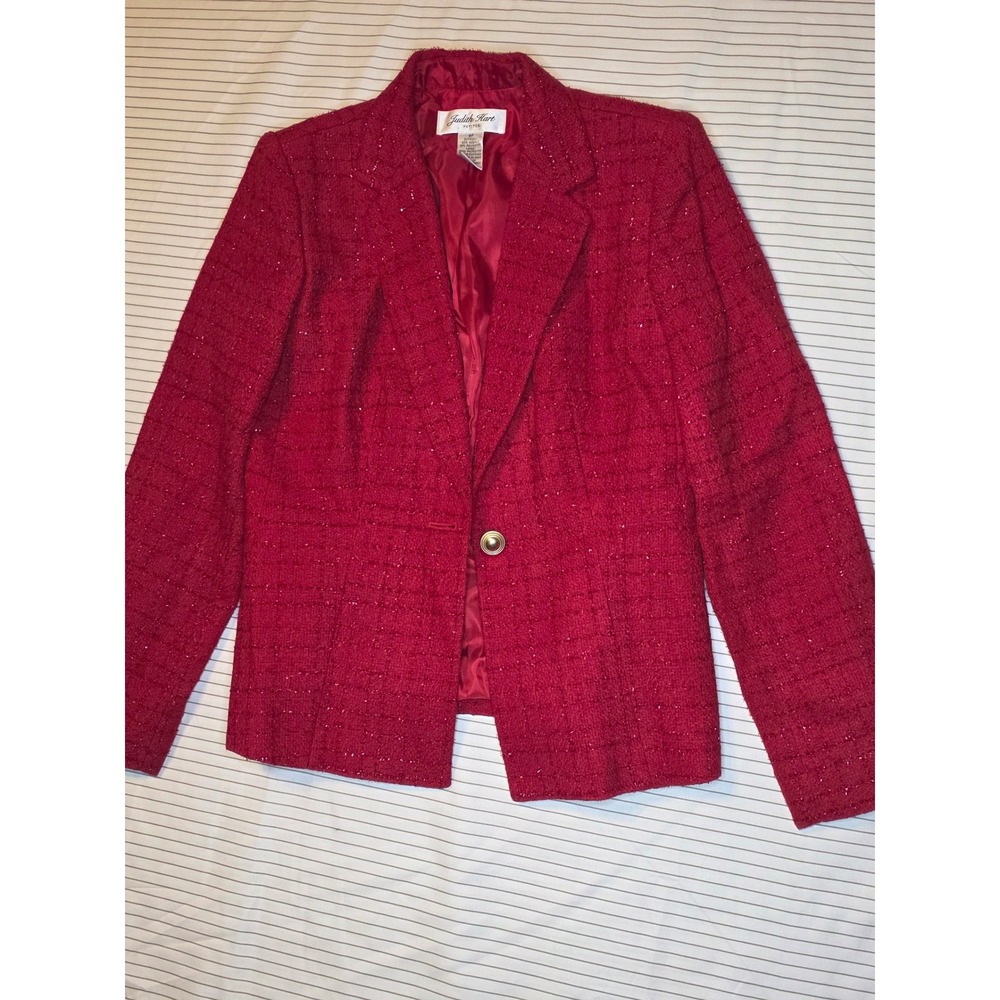 1234 Judith Hart Petites Red Boucle Tweed Blazer Jacket Metallic Shimmer Size 4P